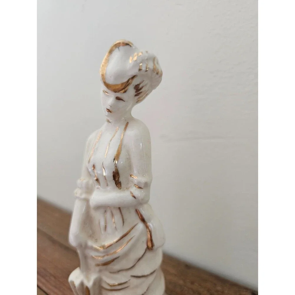 Pair of Vintage Midcentury Ceramic Lady Figurines with Parasols Cream and Gold